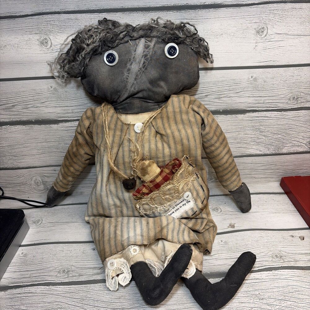 Vintage Handmade Folk Art African American Rag Cloth Doll Halloween 18” Signed